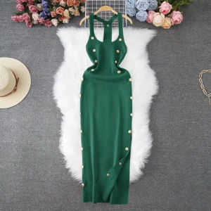 Knit Maxi Dresses Halter Sleeveless Bodycon Buttoned Elegant Dress Women