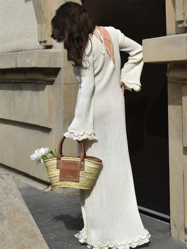 Lace-Up Ruffled Knit Maxi Dress Patchwork Ribbed Elegant Wear - Image 4