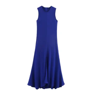 Knit Maxi Dresses Elegant Blue Sleeveless Flowing Long Dress Women
