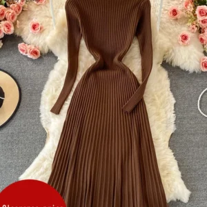 Knit Maxi Dresses Turtleneck Long Sleeve Slim Sweater Body Dress
