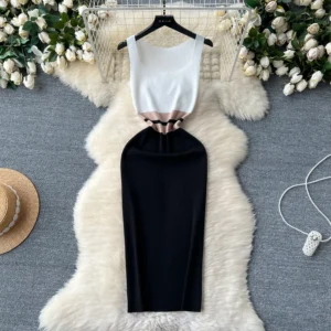 Elegant Patchwork Knit Sleeveless Bodycon Maxi Summer Dress