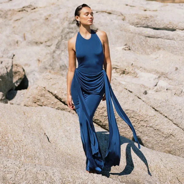 Elegant Blue Halter Backless Maxi Dress For Summer Parties Wear