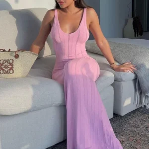 Tossy Summer Knit Backless Hollow Out Maxi Beach Holiday Dress