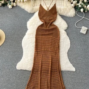 Knit Maxi Dresses Hollow Out Backless Strap Dress Women