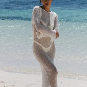 Knit Maxi Dresses Slim Backless Mesh Flare Sleeve Beach Dress