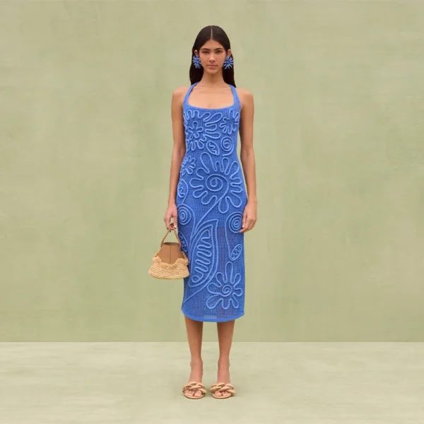 Elegant Knitted Blue Sleeveless Backless Long Dress For Lady Party - Image 4