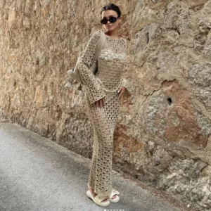Knit Maxi Dresses Sexy Backless Hollow Out Long Sleeve Beach Dress