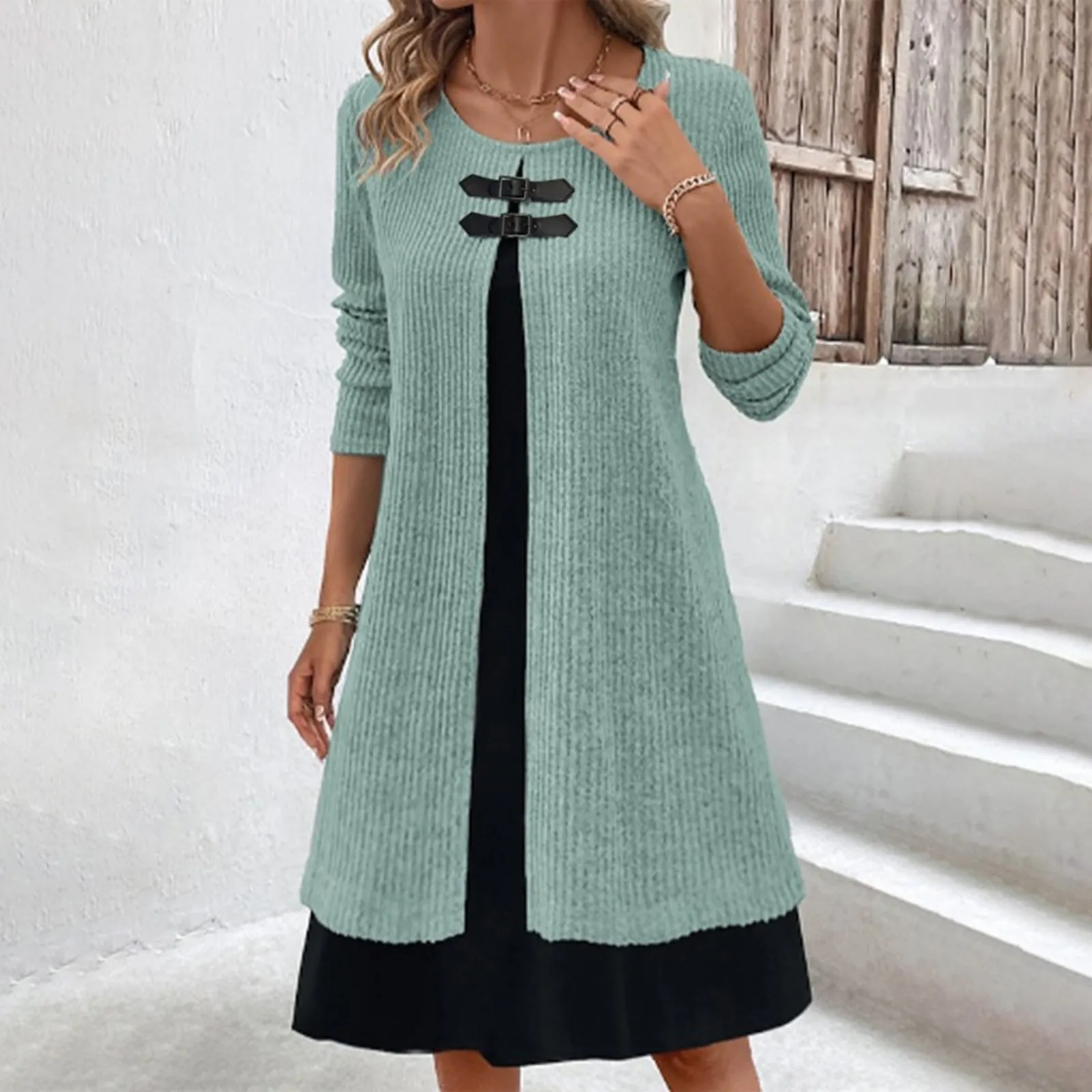 Women's Knitted Sweater Dress Set Long Sleeve Casual Fashion Outfit - Image 2
