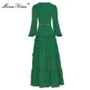 MoaaYina Autumn Green Maxi Dress With V-Collar Lantern Sleeves - Image 2