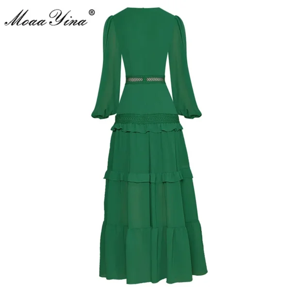 MoaaYina Autumn Green Maxi Dress With V-Collar Lantern Sleeves - Image 2