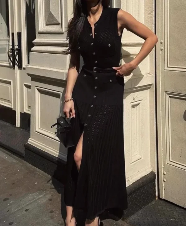 Black Hollow Out Sleeveless Knitted Slim Evening Party Maxi Dress Fashion - Image 4