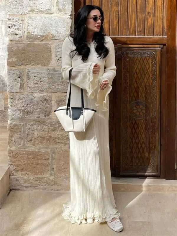 Lace-Up Ruffled Knit Maxi Dress Patchwork Ribbed Elegant Wear - Image 6