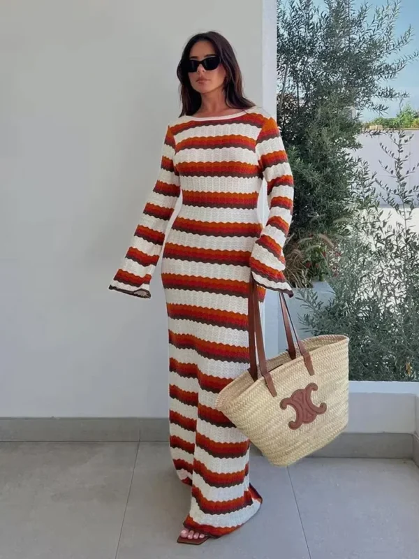 Elegant Knitted Maxi Dress For Women Autumn Beach Party Wear