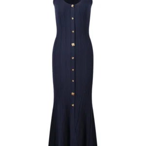 Knit Maxi Dresses Sleeveless Metal Buckle Elegant Long Dress Women