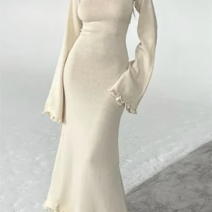Knit Maxi Dresses Elegant Backless Tie Up Flare Sleeve Dress