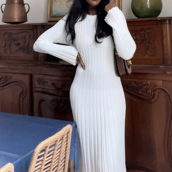 Vintage Ribbed Knit Tie Waist Maxi Dress For Elegant Women - Image 4