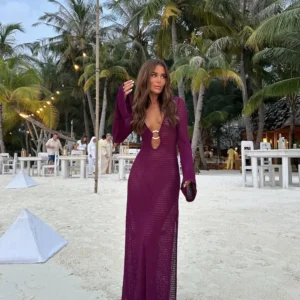 Knit Maxi Dresses Sexy Hollow Out Deep V Beach Cover Up Dress