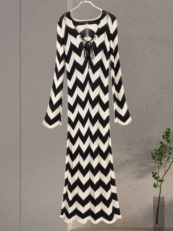 Sexy Knitted Striped Lace-Up Maxi Dress For Summer Beach Holiday - Image 8