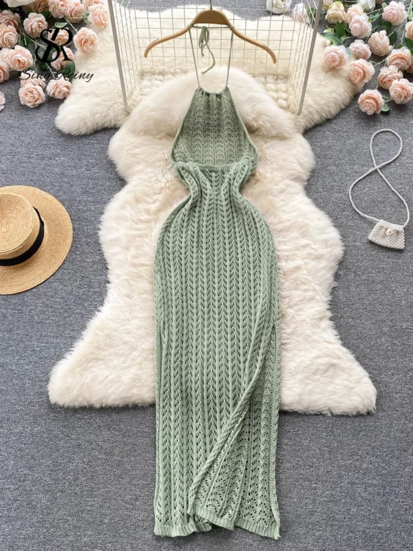 Singreiny Sexy Backless Knitted Halter Dress For Beach Vacation Wear - Image 8