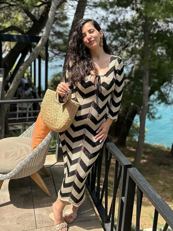 Sexy Knitted Striped Lace-Up Maxi Dress For Summer Beach Holiday - Image 4