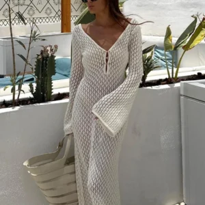 Knit Maxi Dresses Sheer Backless Deep V Hollow Out Beach Dress