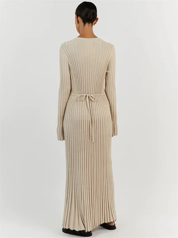 Tossy Lace-Up Knit Maxi Dress Autumn High Waist Patchwork Style - Image 4
