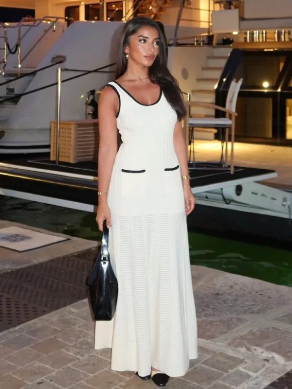 Fashion Contrast Sleeveless Knitted Maxi Dress Elegant High Waist