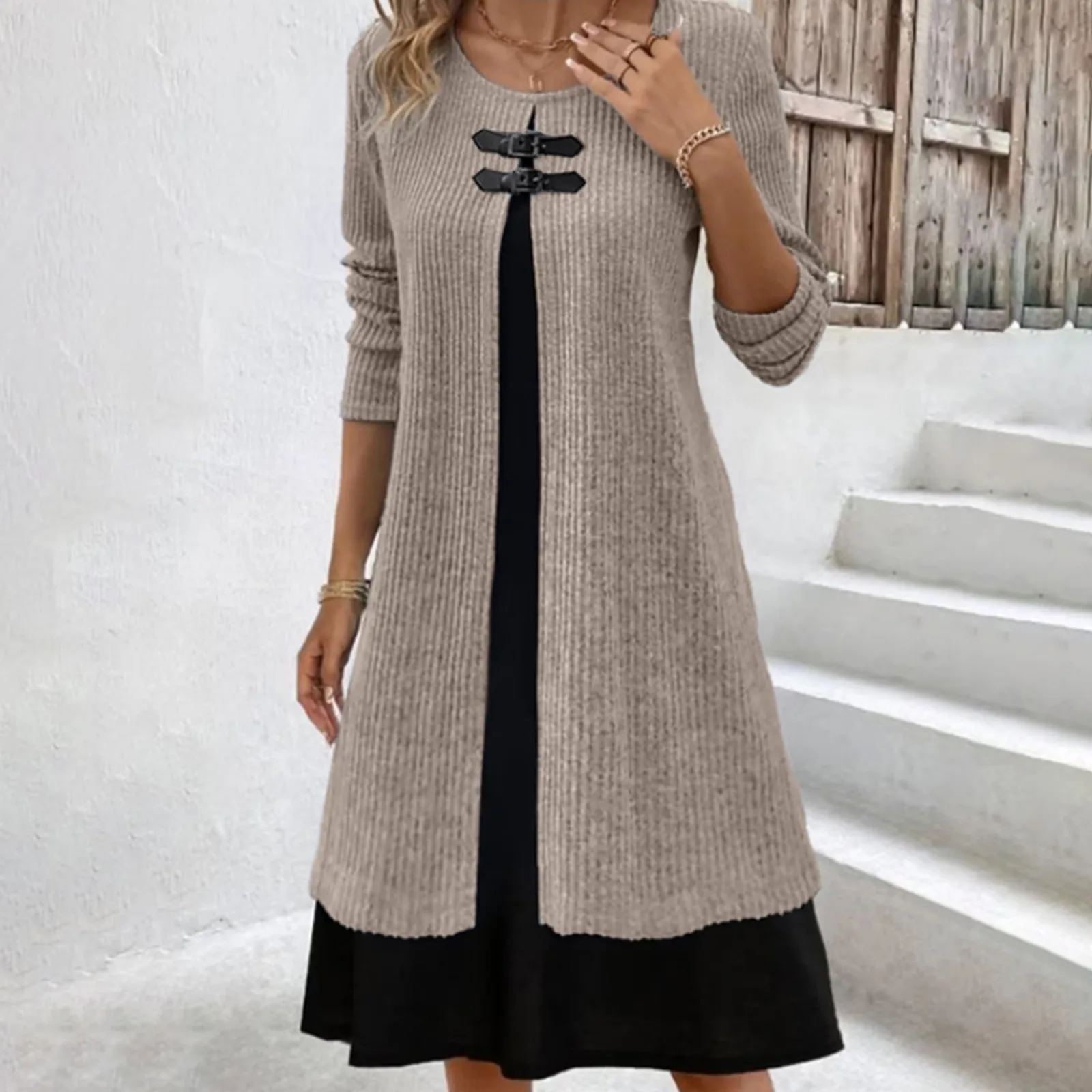 Women's Knitted Sweater Dress Set Long Sleeve Casual Fashion Outfit - Image 7