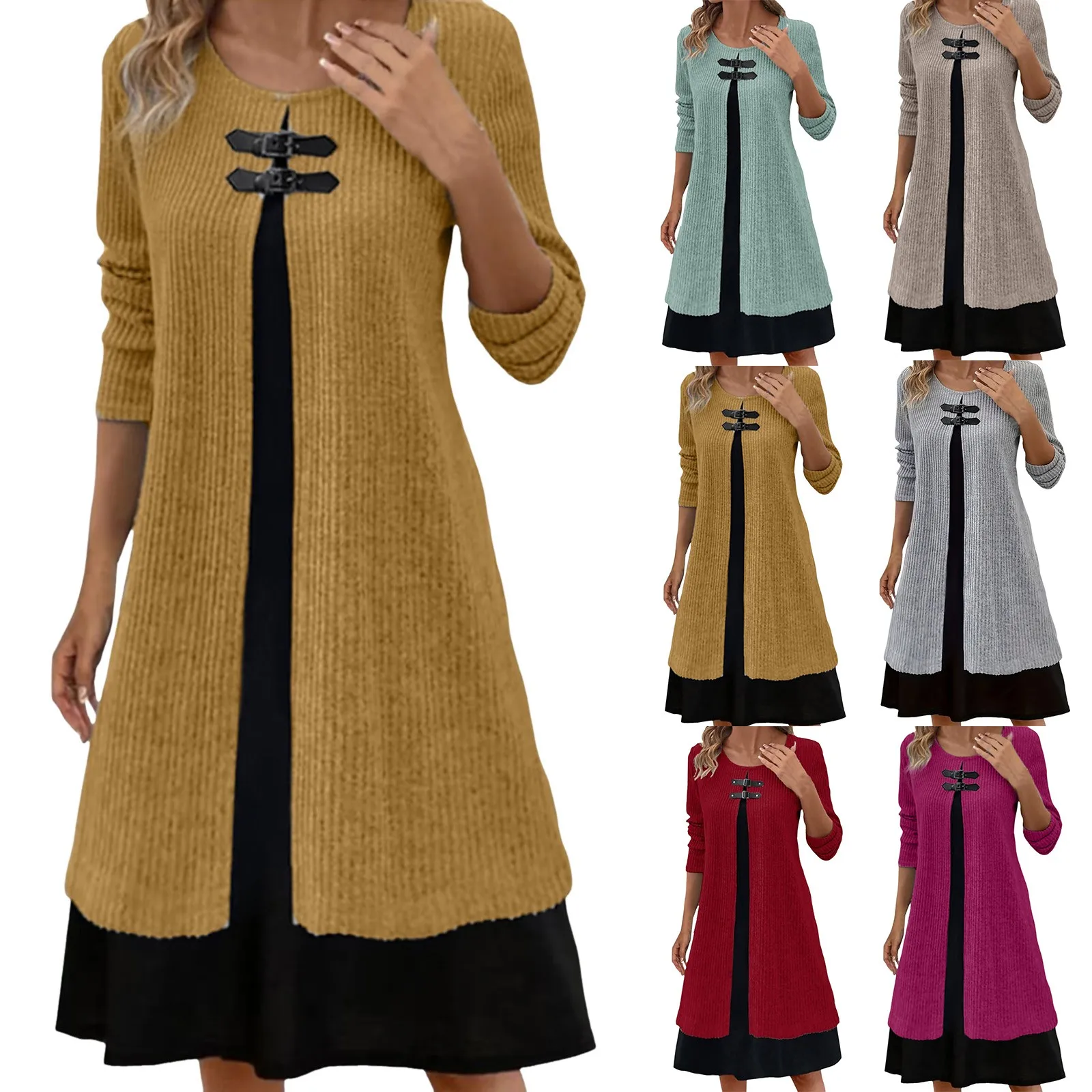 Women's Knitted Sweater Dress Set Long Sleeve Casual Fashion Outfit - Image 9