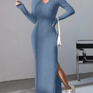 Knit Maxi Dresses Elegant Slim Long Sleeve Long Dress Women