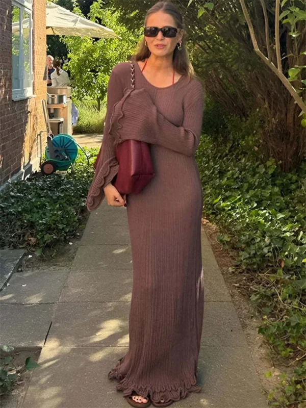 Lace-Up Ruffled Knit Maxi Dress Patchwork Ribbed Elegant Wear - Image 11