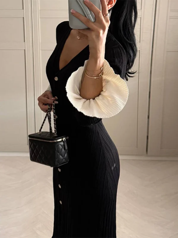 Elegant Knitted V-Neck Patchwork Long Puff Sleeve Dress For Women - Image 9