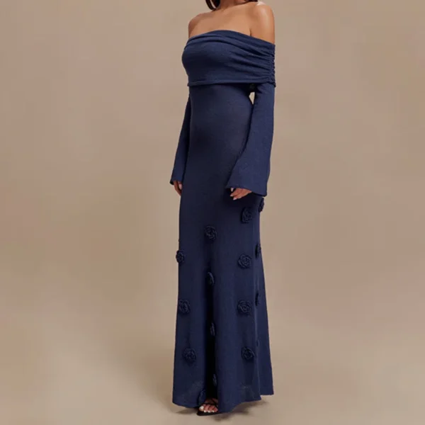 Off Shoulder Knitted Maxi Dress Elegant Floral Beach Party Gown - Image 4