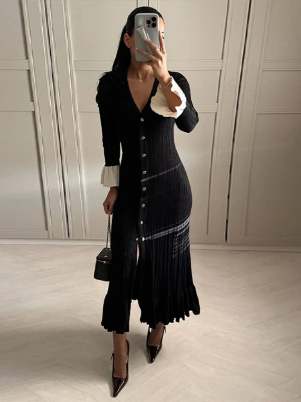 Elegant Knitted V-Neck Patchwork Long Puff Sleeve Dress For Women - Image 2