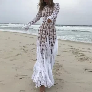 Knit Maxi Dresses Elegant Fringe Patchwork Slim Long Sleeve Resort Dress