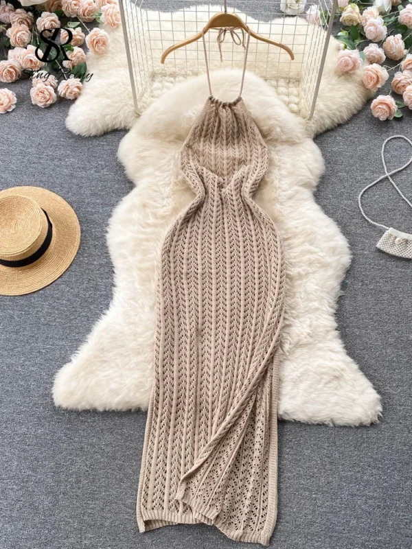 Singreiny Sexy Backless Knitted Halter Dress For Beach Vacation Wear - Image 2
