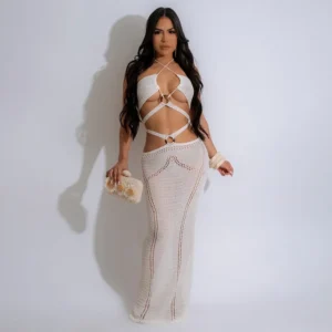 Elegant Crochet Strapless Knit Maxi Dress For Summer Party