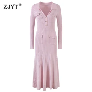 Knit Maxi Dresses Long Knitted Sweater Long Sleeve Elegant Party Dress
