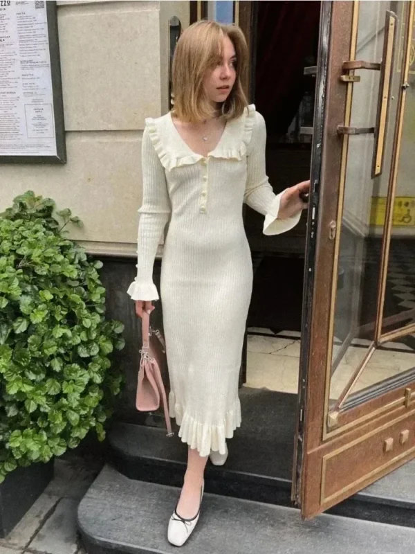 Tossy Ruffled Patchwork Knit Maxi Dress Elegant Slim Party Gown - Image 8