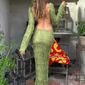 Knit Maxi Dresses Sexy Backless Cut Out Long Sleeve Dress