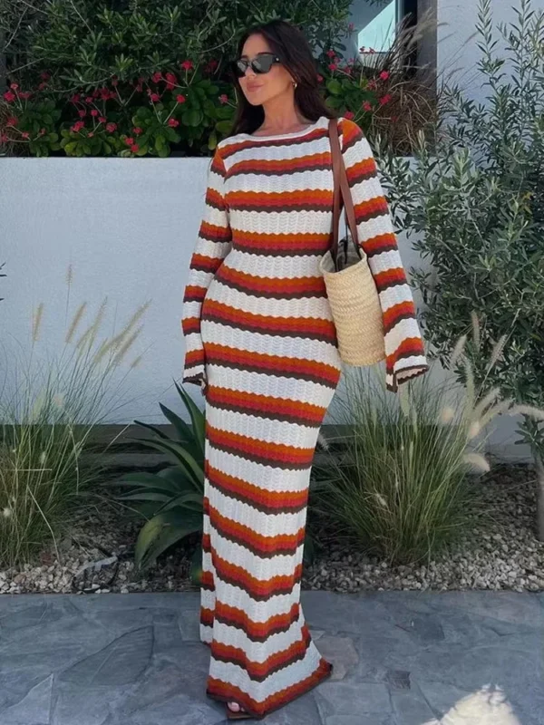 Elegant Knitted Maxi Dress For Women Autumn Beach Party Wear - Image 2