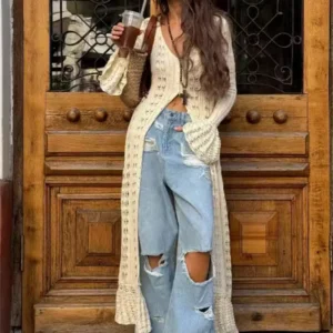 Knit Maxi Dresses Long Sleeve Hollow Out Slim Beach Holiday Dress