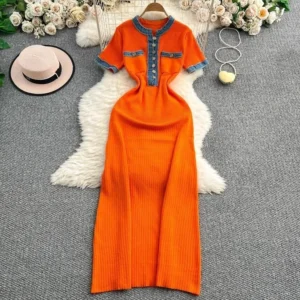 Women's Patchwork Denim Knitted Maxi Dress Casual French Style