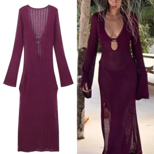 Knit Maxi Dresses Deep V Neck Side Split Long Sleeve Slim Dress