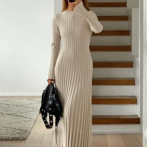 Tossy Lace-Up Knit Maxi Dress Autumn High Waist Patchwork Style