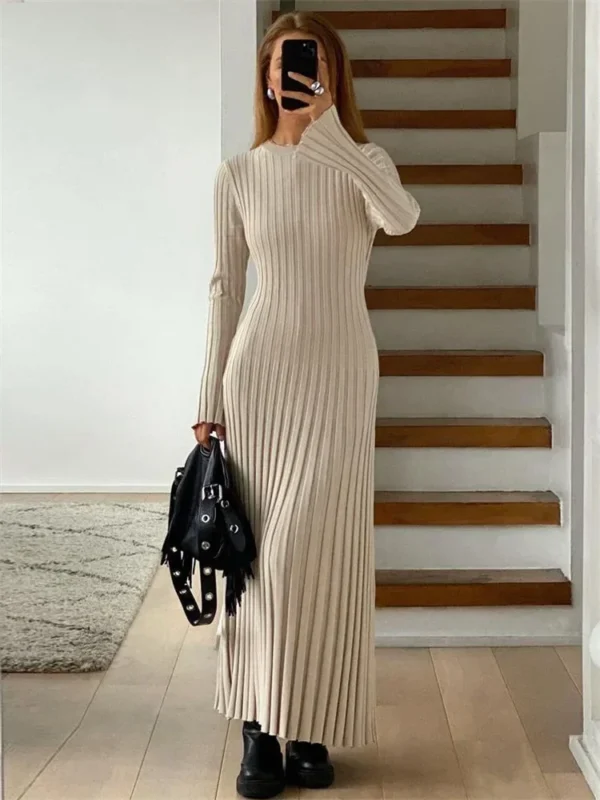 Tossy Lace-Up Knit Maxi Dress Autumn High Waist Patchwork Style