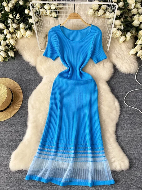Elegant Stripe Knit Long Dress For Women Summer 2025 Casual Wear - Image 2