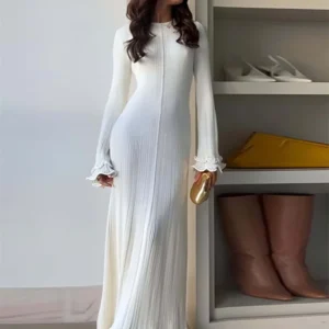 Lace-Up Ruffled Knit Maxi Dress Patchwork Ribbed Elegant Wear