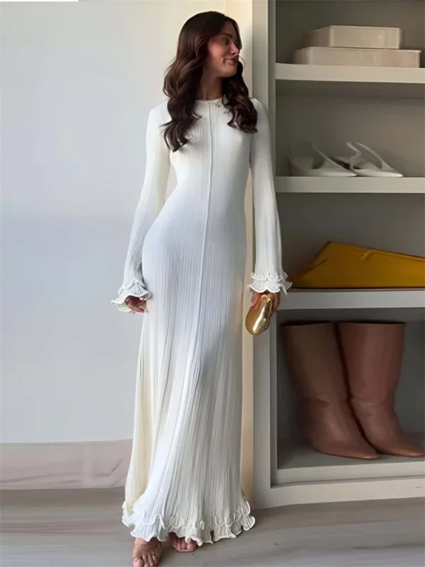 Lace-Up Ruffled Knit Maxi Dress Patchwork Ribbed Elegant Wear