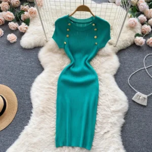Knit Maxi Dresses Short Sleeve Slim Sheath Dress Women